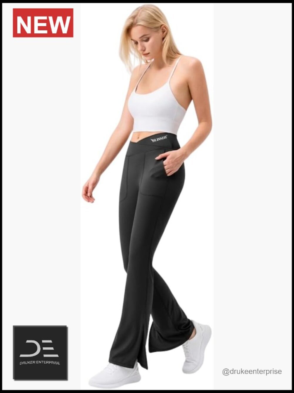 High Waist Bootcut Yoga Pants with Pockets, Crossover Flare Split Hem